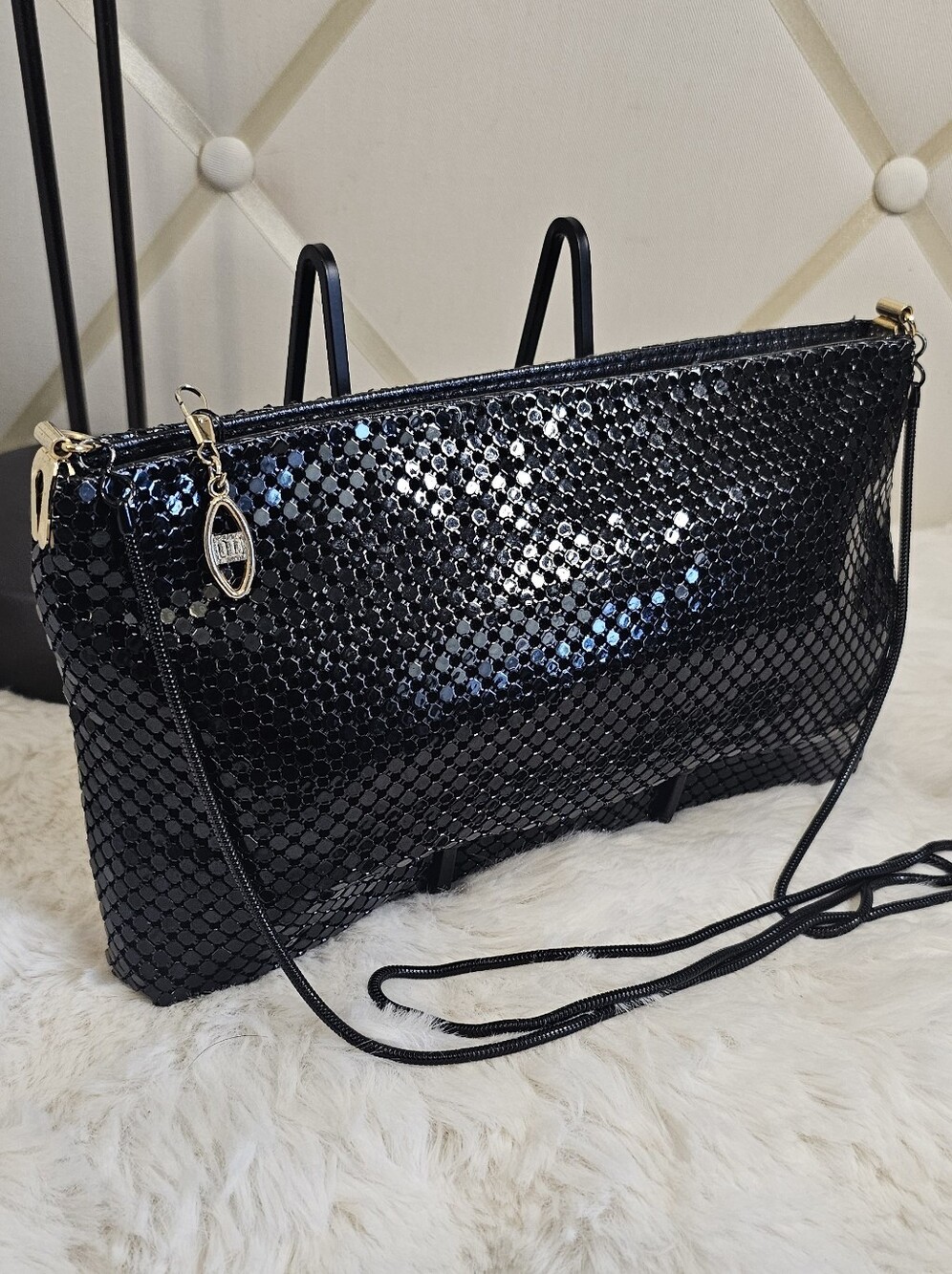 Pacific Connections Vintage Black Sequined Crossbody Bag with Gold Accents